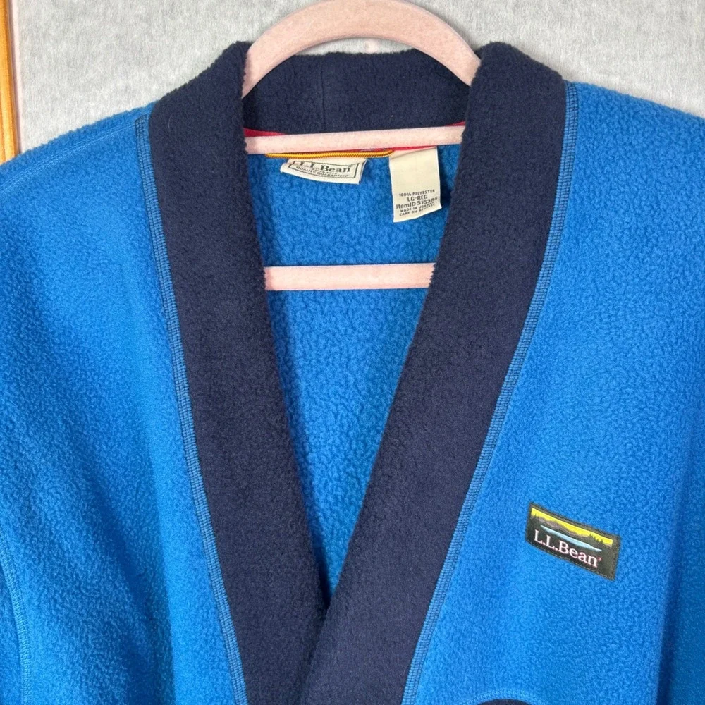 LL Bean Fleece Robe Men Large Blue Colorblock Belted Loungewear